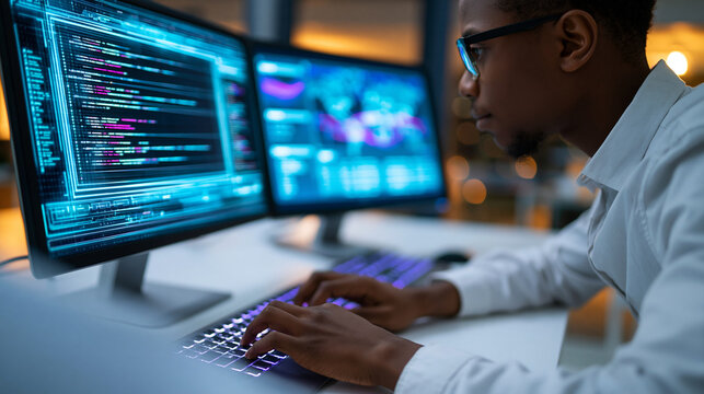 Close-up of a programmer working on AI and data analytics with a futuristic code interface on multiple screens, AI development concept, code interface photography, machine