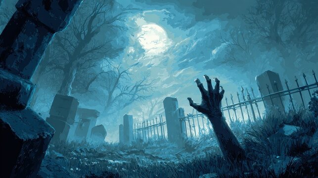 Moonlit Graveyard: Zombie Hand Rising from the Soil in a Spooky Night Scene