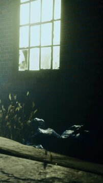 Sunlight streams through a broken window in a quiet and empty building. Shadows fill the space with hints of forgotten items and old bricks. The scene is still and dim at dusk.