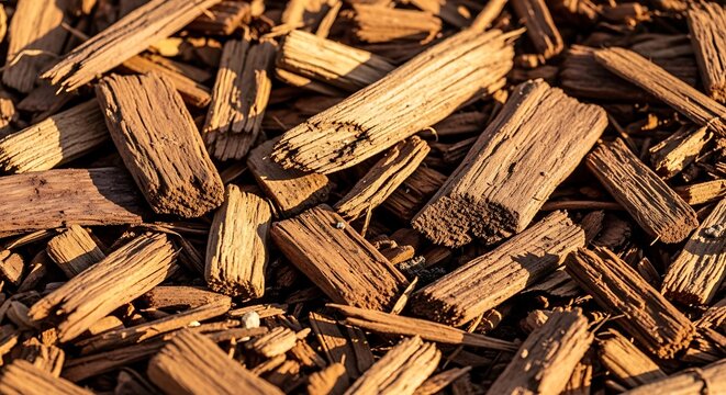 Rough Brown Wood Chips Scattered in Warm Sunlight Close Up Texture