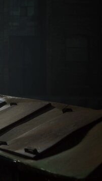 A metal box with a curved lid sits in a dark room. The surface reflects faint light. No one is around, and shadows fill the space. The scene gives an impression of mystery and age.