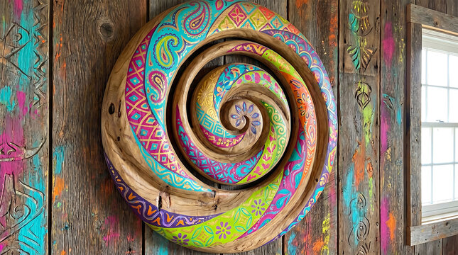 Decorative Wooden Spiral Artwork with Vibrant Paisley and Geometric Patterns
