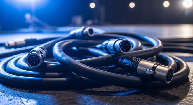 Coil of black audio cables with XLR connectors on stage