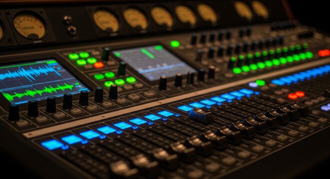 Professional audio mixing console desk in a recording studio.