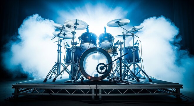 Acoustic drum kit set on stage with smoke and backlight