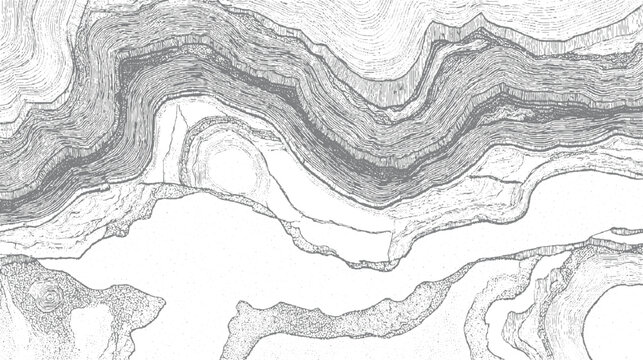 Detailed monochrome cross section of geological strata and rock formations with varied textures and contour lines