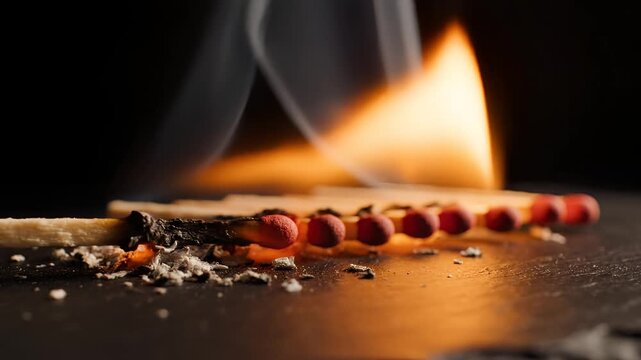 Close up of a line of matches igniting one by one with a dark background.
