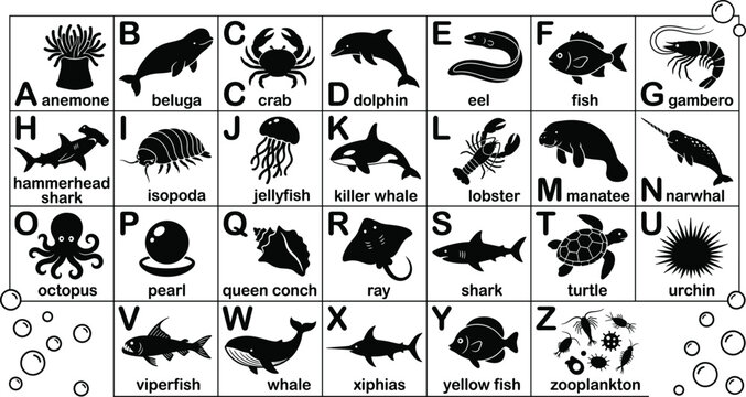 Marine-themed alphabet chart A&ndash;Z with black silhouettes of sea creatures including dolphin, shark, whale, octopus, turtle, and jellyfish