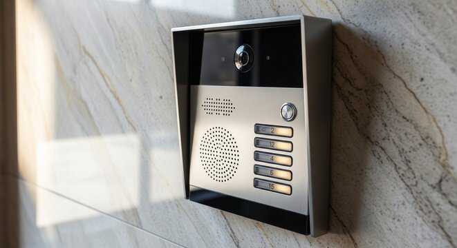 A metallic outdoor intercom system with a camera, speaker, and call buttons mounted on a marble wall