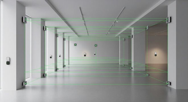 A large empty white room or gallery space with visible horizontal green laser security beams crisscrossing between pillars