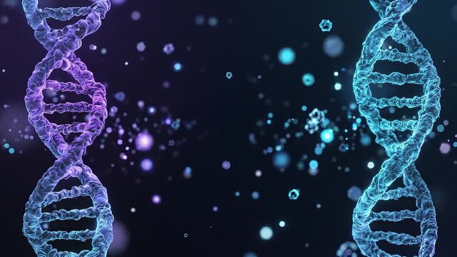 DNA strand genetic material molecular structure double helix biotechnology science biology research medical blue purple close up microscopic molecule nucleic acid laboratory futuristic technology