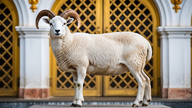 Majestic White Ram Standing in Front of Ornate Golden Gate Architecture, Elegant Domestic Sheep Portrait with Curved Horns and Luxury Background