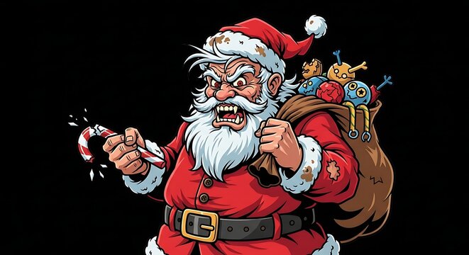 Angry Cartoon Santa Holding Broken Candy Cane with Toy Sack on Black Background