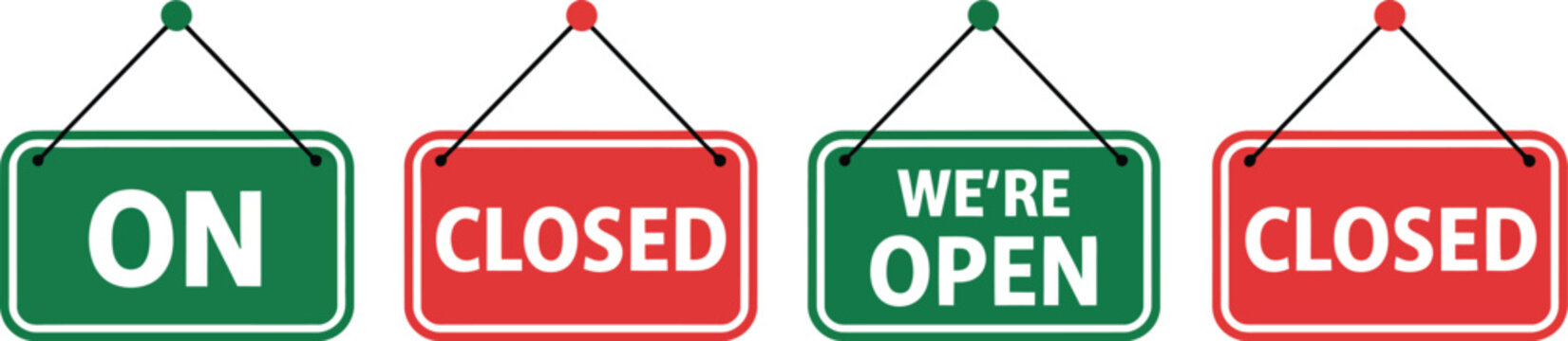 Open closed icons set, generic business sign symbols with open and closed notice elements for shop and retail design.