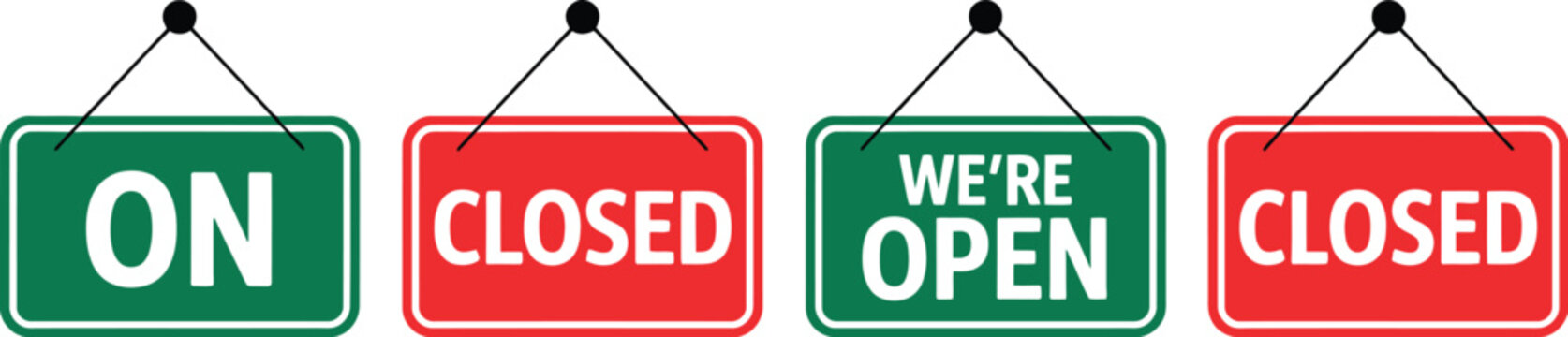 Open closed icons illustration set, generic business sign symbols with sorry we are open and closed message design.