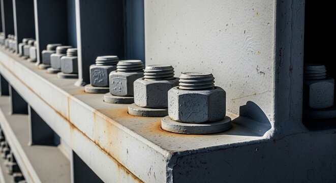Row of steel bolts on industrial metal girder structure