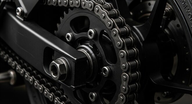 Motorcycle drive chain and sprocket assembly close up shot