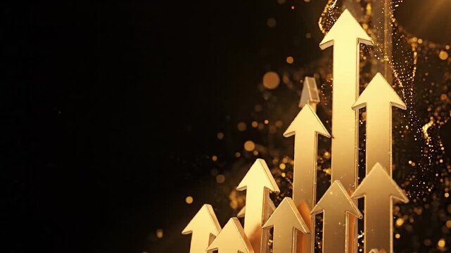 Golden arrow upward arrow growth concept business success financial increase abstract background shiny gold rising trend progress symbol dark background gold arrow growth success progress achievement