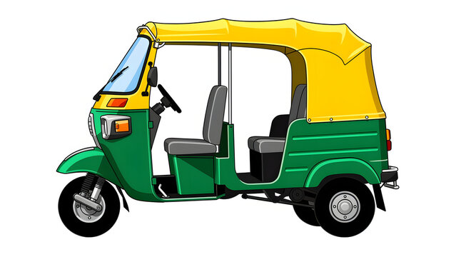 Colorful illustration of an auto rickshaw a three wheeled vehicle with a yellow and green canopy