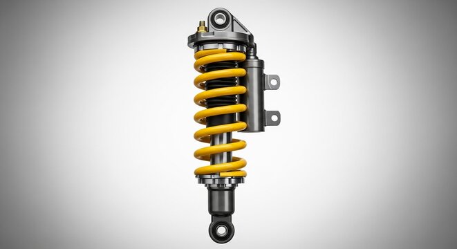 Modern yellow motorcycle shock absorber isolated on studio background