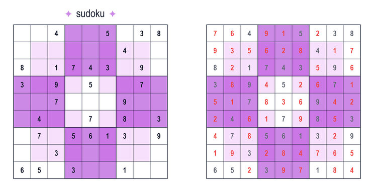 Sudoku puzzle grids with highlighted numbers and purple sections  