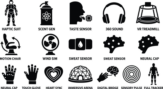 Virtual reality sensory technology icon set illustration with haptic suit, scent generator, taste sensor, treadmill, gloves, neural cap