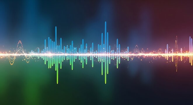 Colorful Audio Waveform Glowing Across Dark Abstract Background