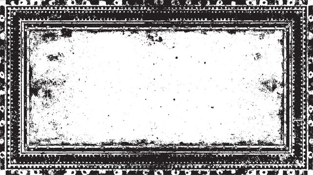 Distressed black and white rectangular frame with textured grunge overlay and scattered dots