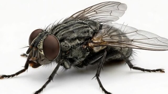 Closeup of a housefly with large brown eyes on white background vdio