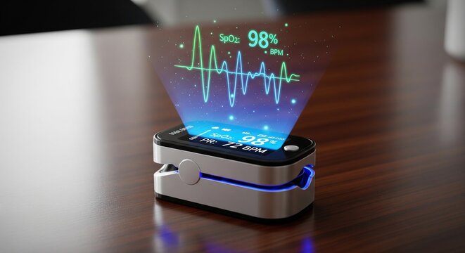 A futuristic fingertip pulse oximeter sitting on a wooden table, projecting a glowing holographic display showing a heart rate wave and SpO2 oxygen level of 98%.