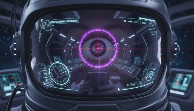 Cybernetic visor frames a glowing, futuristic eye. Neon purple rings pulse at its core. HUD displays flash with tactical data. Controls blink beneath the visor's glass