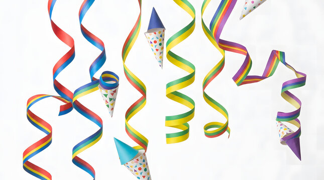 Multiple party hats with colorful patterns and curling ribbons hanging down against a plain solid white background