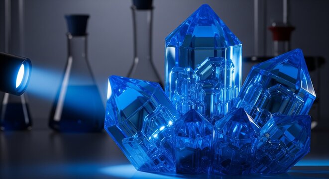 A large, shiny blue crystal cluster sitting on a laboratory desk, being illuminated by a flashlight beam with glass lab flasks in a dark background.
