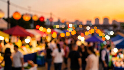 Fototapeta premium Outdoor social event illuminated by warm festive bokeh lights at dusk