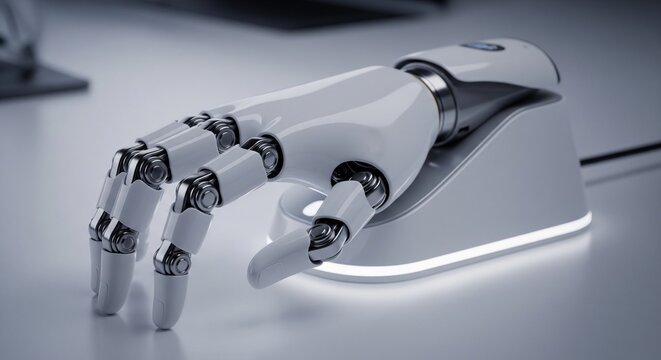 A futuristic white robotic hand or prosthetic arm resting on a glowing charging dock on a white table