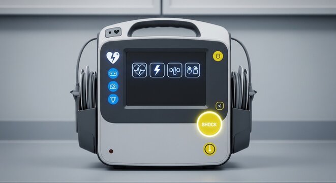 Front view of a sleek portable automated external defibrillator (AED) with a bright yellow glowing shock button against a clean wall background