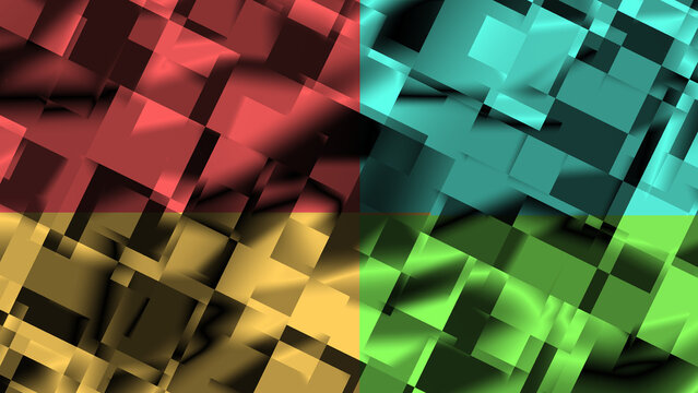 A stunning arrangement of interlocking 3D cubes, dynamically arranged across four distinct quadrants in rich colors, creating a modern and complex geometric pattern