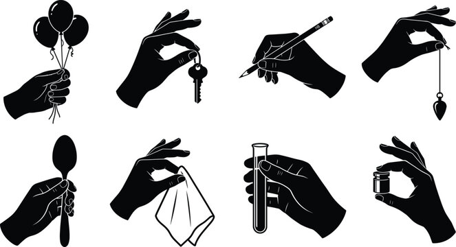 Silhouette illustration of hands holding everyday objects including balloons, key, pencil, spoon, test tube, and jar 
