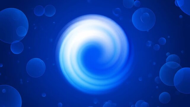 A vibrant blue gradient background with translucent swirling vortex and floating orbs