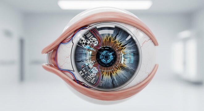 A futuristic bionic human eye showing complex digital microchips, circuits, and a glowing blue camera lens built inside the iris, set in a bright white room background