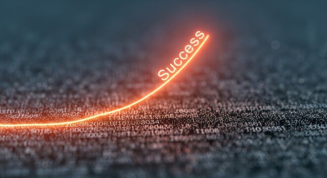 A glowing neon orange line going up like a stock market chart on a dark textured background of digital data, with the word "Success" written at the top of the arrow.