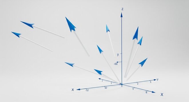 A clean, minimalist 3D rendering of blue pointer arrows scattered in a three-dimensional coordinate grid space against a light gray background