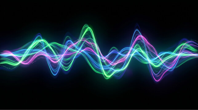 Abstract multi-colored digital sound wave equalizer on a black background. Vibrant neon light trails forming a fluid audio frequency waveform. Futuristic colorful electronic music track visualizer. 