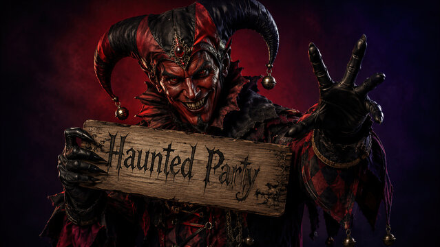 Creepy Evil Halloween Jester Holding Haunted Party Wooden Sign, Spooky Clown in Red and Black Costume Pointing Claw Hand