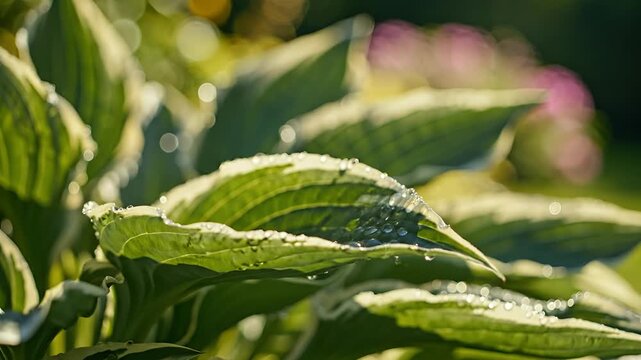 Closeup of Hosta Leaves with Morning Dew Drops in Garden Sunlight.