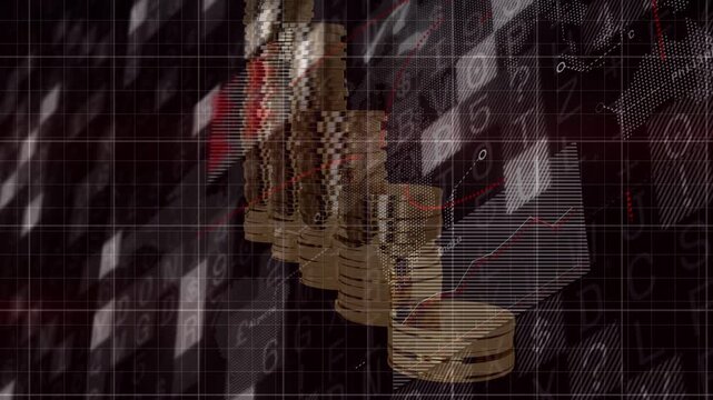 Grid activating, stacked gold coins shifting diagonally upward while chart sliding showing growth