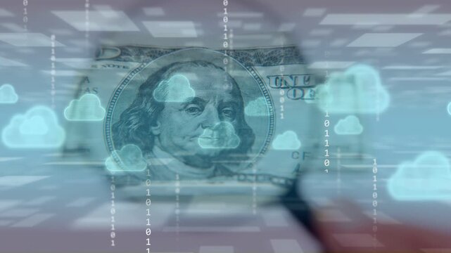Blurred hand lifting lens, starting clouds and binary, showing Franklin merging with digital cash