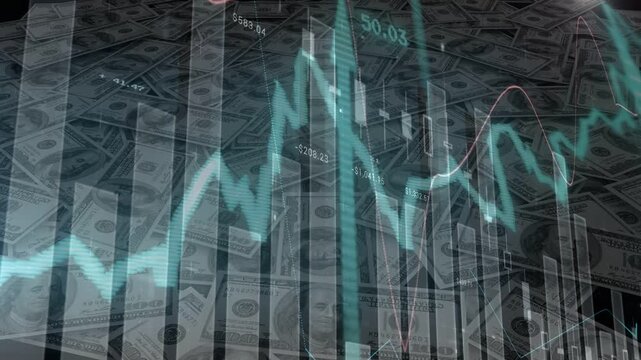 Looping layered chart animating over dollar bills, line peaking 50