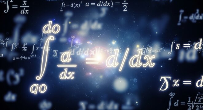 Glowing mathematical formulas and calculus equations floating over a dark blue bokeh background