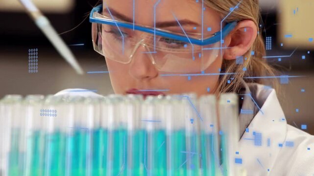 Pipette entering, woman pipetting into test tubes for analysis, blue overlays moving over tubes